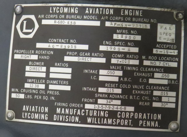 lycoming-r-680-stinson data plate